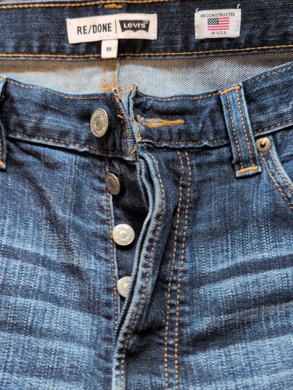 Re/Done 501 Levi's Buttonfly Staightl Dark Indigo Denim Jeans with White Patch - Picture 3 of 16